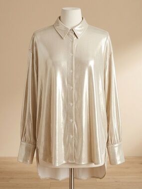 NWT ByAnthropologie Gold Metallic Party Ware Shimmer Button Down Blouse - Size S